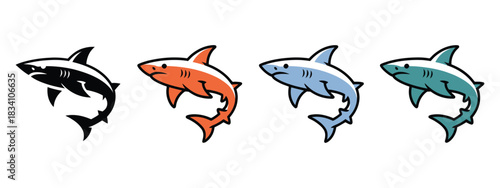 Shark vector set. diverse shark shapes in vibrant colors and black-and-white style for professional branding, sea life illustrations, logo design