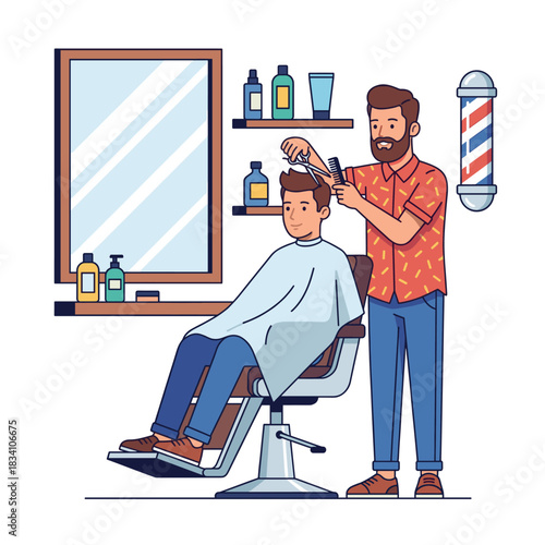 A barber is skillfully cutting a customer's hair in a well-equipped modern barbershop.