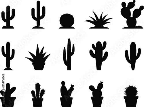 Vector Silhouettes Collection of Cacti and Succulent Plants in Pots, featuring various Desert and Tropical Shapes, Ideal for Botanical and Southwest Graphic Design.Vector Silhouettes 