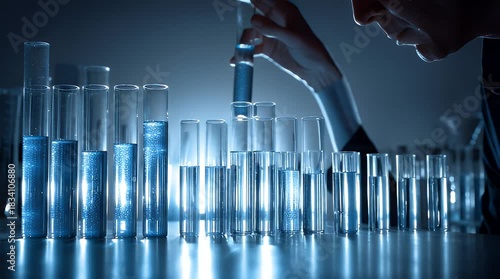 Dynamic science research as scientist examines test tubes in futuristic lab, experiment in action for new innovations in medicine and chemistry