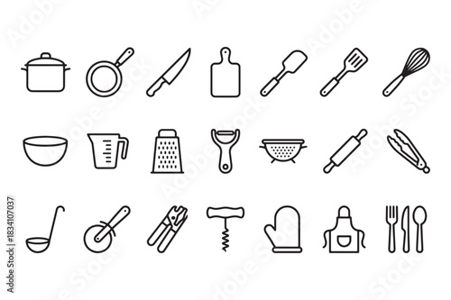 A collection of simple, hand-drawn line art illustrations of various kitchen utensils, cooking tools, and baking equipment.