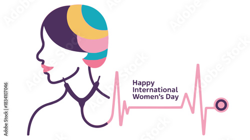 Stylized profile of a woman with colorful abstract hair and a stethoscope forming a heartbeat line celebrating international women s day