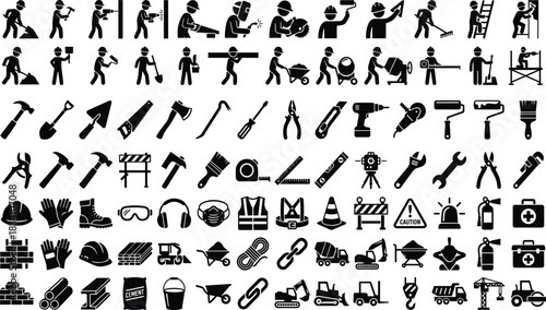 Vector Silhouettes of Construction Workers, Cement Mixer Truck, Scaffolding, Ladders, and Tools like Drill and Saw, for Building and Renovation Graphics.Vector Silhouettes of Construction Workers