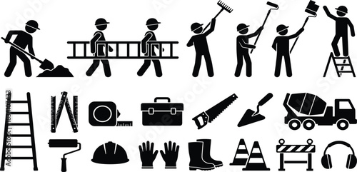 Extensive Vector Icon Set of Construction Workers, Tools, Equipment, Safety Gear, and Vehicles like Excavator, Crane, and Cement Mixer for Building Projects