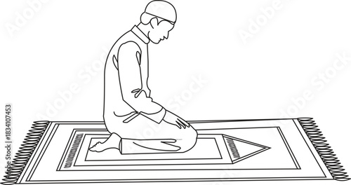 Minimalist line art illustration capturing key moment of Islamic prayer like Namaz. 