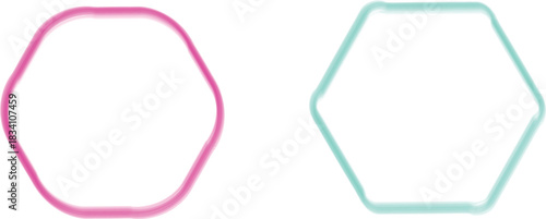  presents a clean and modern design featuring two hexagon shapes, each outlined in distinct colors against a stark. neon victor Design