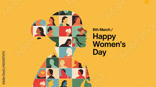 Happy international womens day 8th march celebration with diverse women portraits forming a silhouette