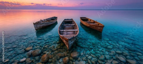 Beautiful scenery of wooden fishing boats during sunset