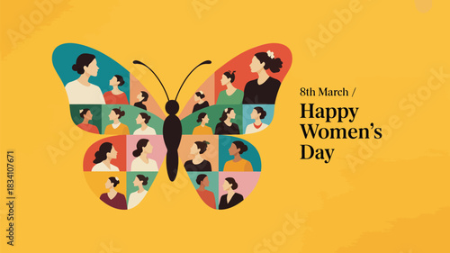 Happy womens day 8th march celebration with diverse women represented as a butterfly on yellow background