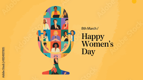 Diverse women celebrated on international women s day with microphone graphic and celebratory text
