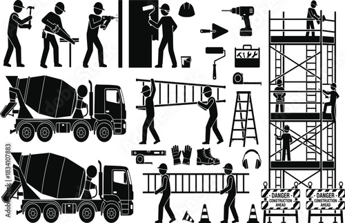 Simple Icon Silhouettes Set of Construction Workers and Tools, including Hammer, Drill, Trowel, Ladder, Scaffolding, and Cement Mixer for Building Graphics.Simple Icon Silhouettes