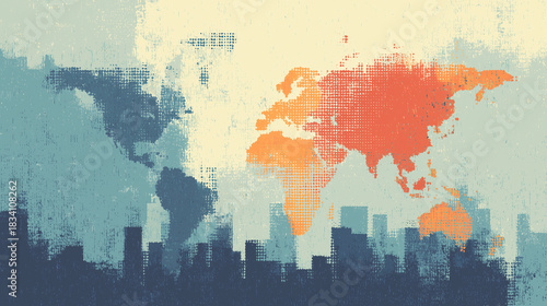 Wallpaper Mural Global Map Halftone Over Urban Silhouette – Textured Globalization Background Torontodigital.ca