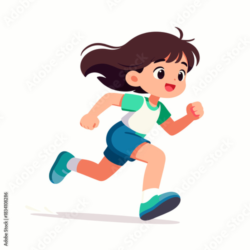 A cartoon illustration of a young girl running with a bright and energetic expression, wearing casual sportswear.