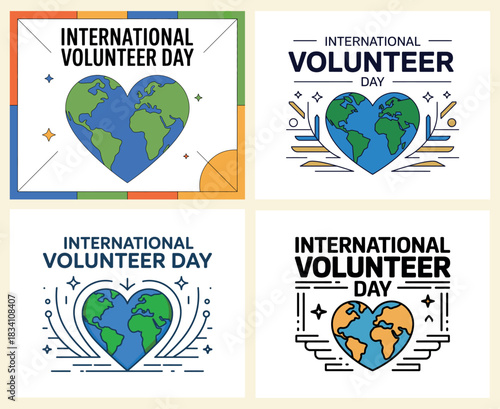 International Volunteer Day with Heart and Globe Icon Illustrations