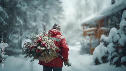 Individual carrying festive flowers through snowy landscape, camera follows with smooth motion