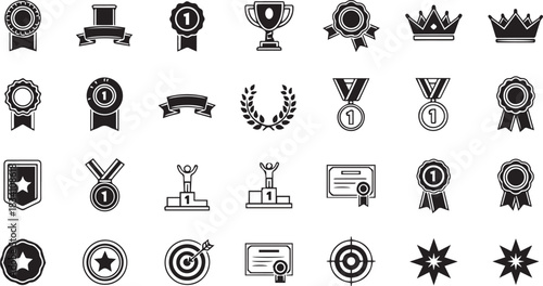 Collection of Achievement Award Icons in Black and White Style