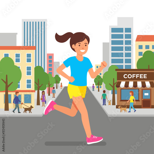 A young woman is jogging in an urban setting with buildings and a coffee shop visible in the background.