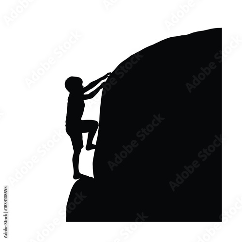 A determined person climbing a large rock face silhouette
