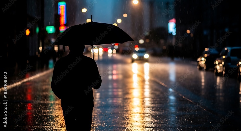 Obraz premium Solitary figure walks under umbrella on wet city street at night with blurred car lights