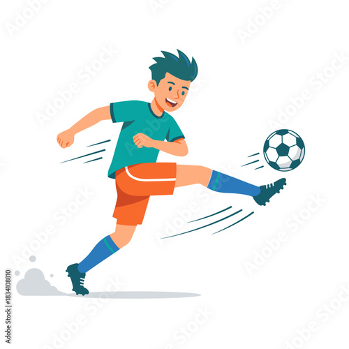 A young boy is actively kicking a soccer ball with dynamic movement, showcasing his energy in the sport.