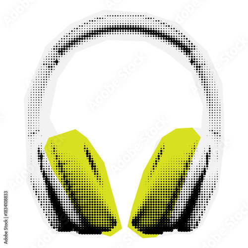 halftone headphone Cut out of magazine shape, clipping scrap of paper.