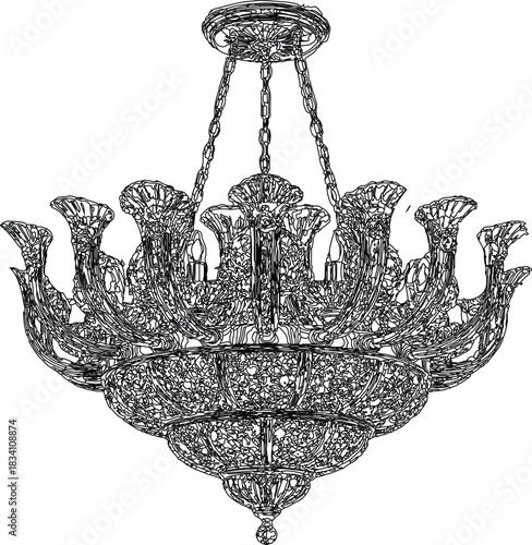 The image features a detailed wireframe model of a chandelier, showcasing its intricate design and structural elements.Three-Dimensional Appearance Victor Illustrator Design
