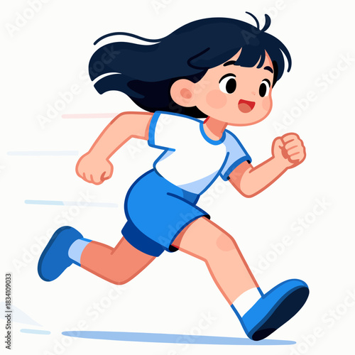 A young girl in sportswear is depicted running with a dynamic and energetic posture.