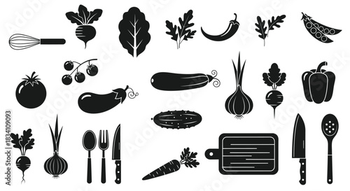 Vector illustration of fresh vegetables and kitchen utensils set