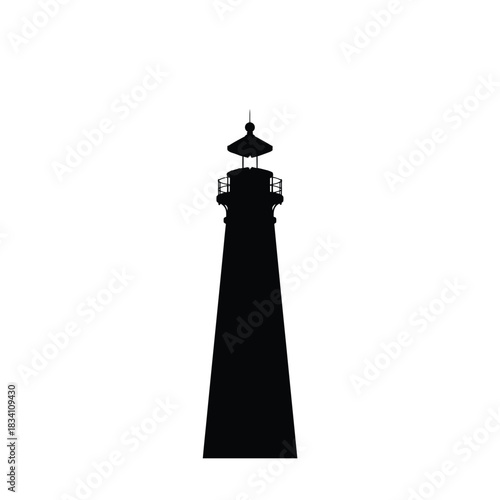 A tall black lighthouse standing against a white background silhouette