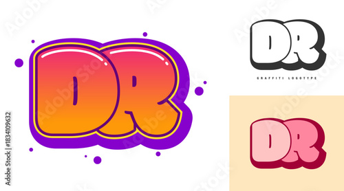 DR logo design for festival or party. Initial letter d and r in graffiti style. Creative modern lettering company name of font typography. Kids trendy logotype or identity.