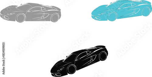 Victor Illustrator Design. car outlines arranged in a triangular formation against a clean white background, which enhances their visibility and allows for a clear focus on their shapes and colors.