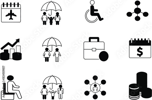 Collection of business and social services icons in black and white