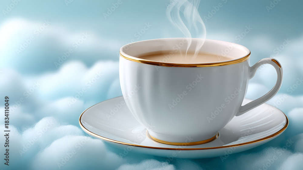 Fototapeta premium Hot coffee cup with steam on clouds background