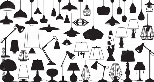 Collection of varied lamp silhouettes on white background design concept