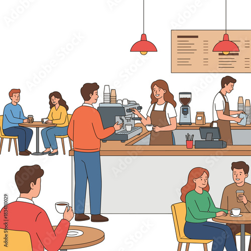 People are in a coffee shop, some are sitting and chatting, others are being served, creating a relaxed indoor atmosphere.