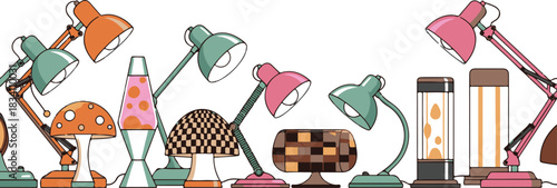 Retro Lighting Collection Seamless Pattern with Desk Lamps and Lava Lamps