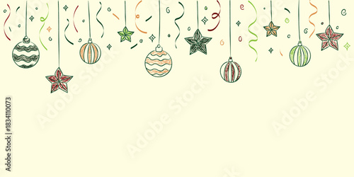 Hand drawn Festive doodle ornaments dangle from pine branches, swirling with stars and ribbons in soft reds, greens, and golds, creating a cheerful holiday border. Merry Christmas, crayon doodle.