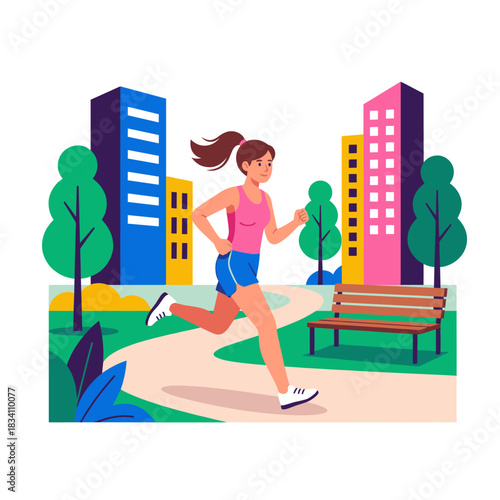 A young woman is jogging in an urban park, surrounded by buildings, trees, and a bench, promoting a healthy lifestyle.