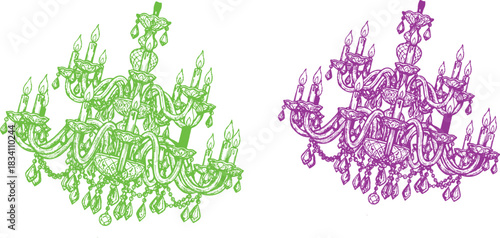 bulb , light The image features two chandeliers illustrated in a vintage or sketch-like style, rendered in green and purple hues. Chandelier in Green This chandelier showcases a rich green color