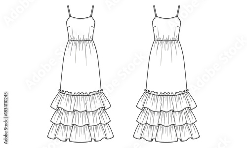Women's Tiered Ruffle Maxi Dress Technical Fashion Flat Sketch Illustration Spaghetti Strap Sleeveless Flowy Beach Summer Sundress Design Template Vector Drawing.ai