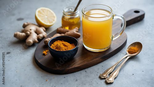 Healthy Turmeric and Ginger Drink in Glass Mug with Lemon, Honey, and Spices on Wooden Board