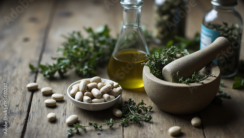Herbal Wellness Still Life with Green Leaves, Capsules, and Laboratory Flask on Wooden Surface