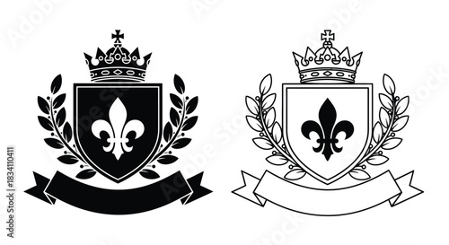 Heraldic fleur de lis shield crown laurel wreath banner vector design