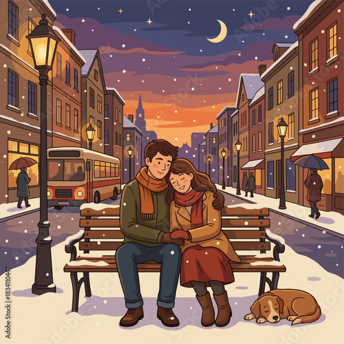 A couple sits on a bench in a snowy winter town at night, with a dog resting nearby, under a starry sky with a crescent moon.
