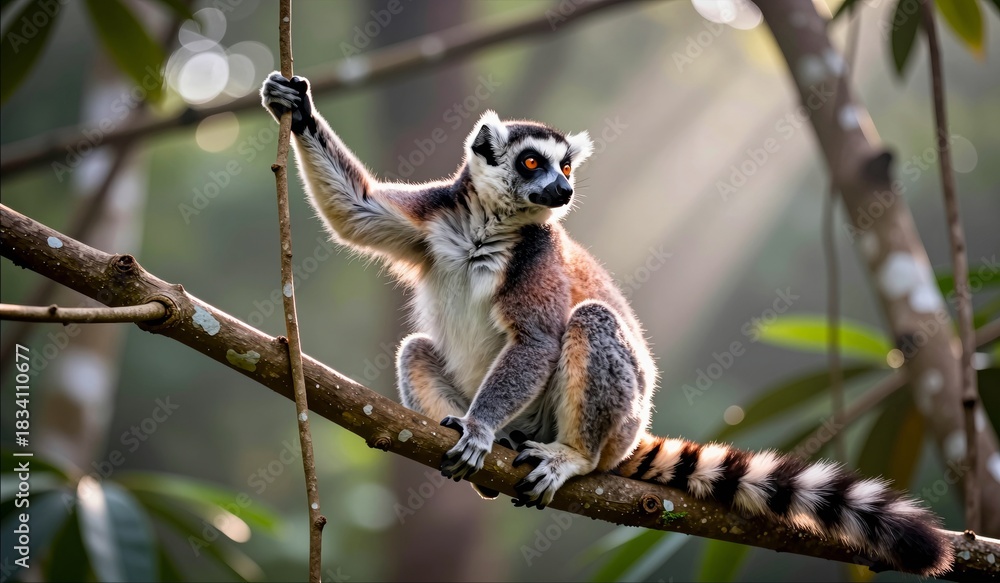 Fototapeta premium Lemur climbing a branch in a sunlit rainforest during the early morning hours