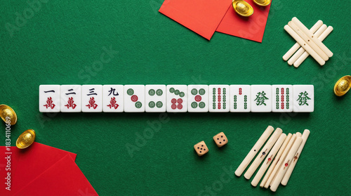 Celebrating Chinese New Year with traditional Mahjong and festive decorations