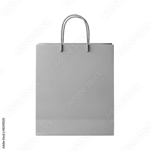 Minimalist gray paper shopping bag with handles on white background