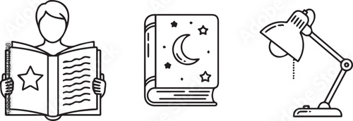 Reading nook icon set with person book and lamp vector