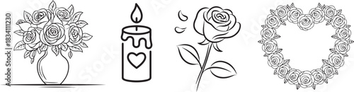 Collection of floral arrangements and candle illustration to highlight romance moment