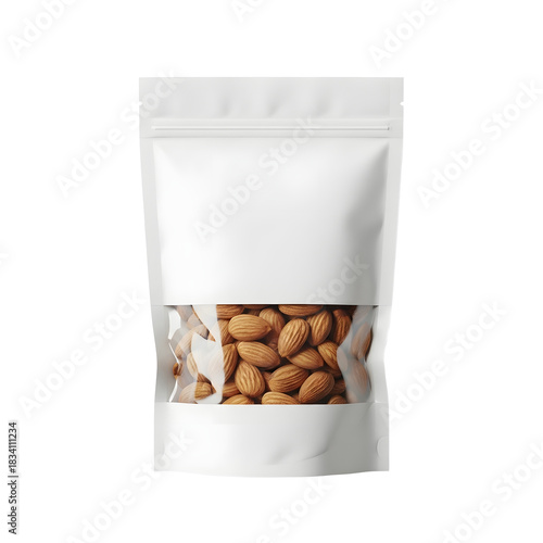 Transparent pouch packaging filled with whole raw almonds